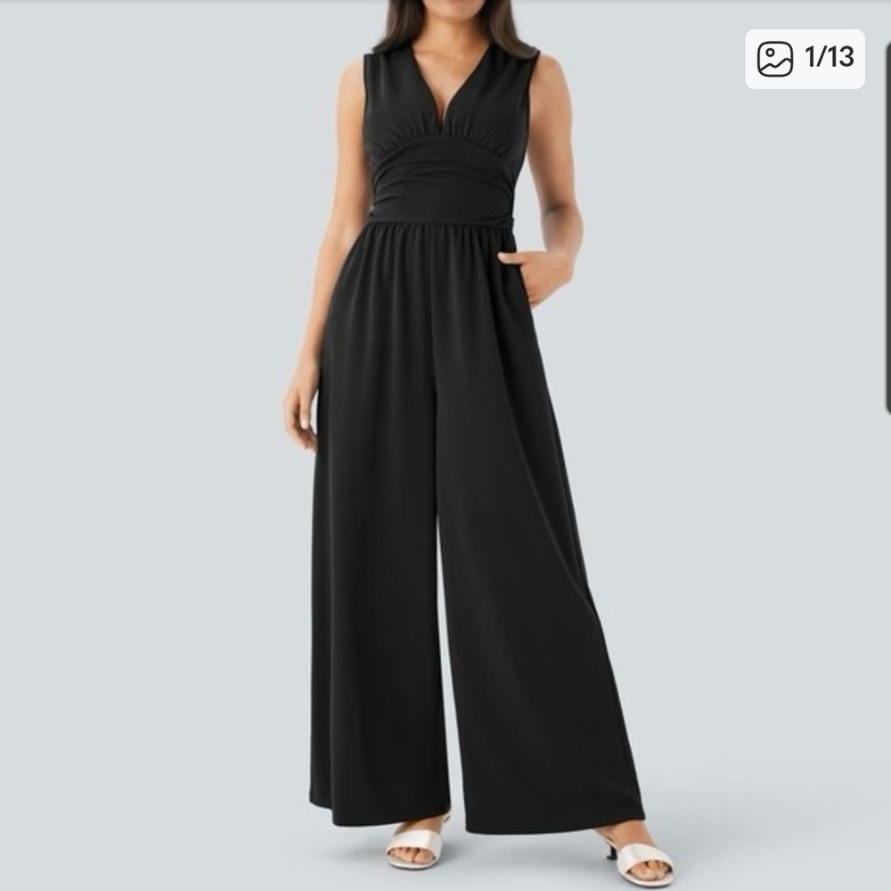 HALARA Black V-Neck Wide Leg Jumpsuit